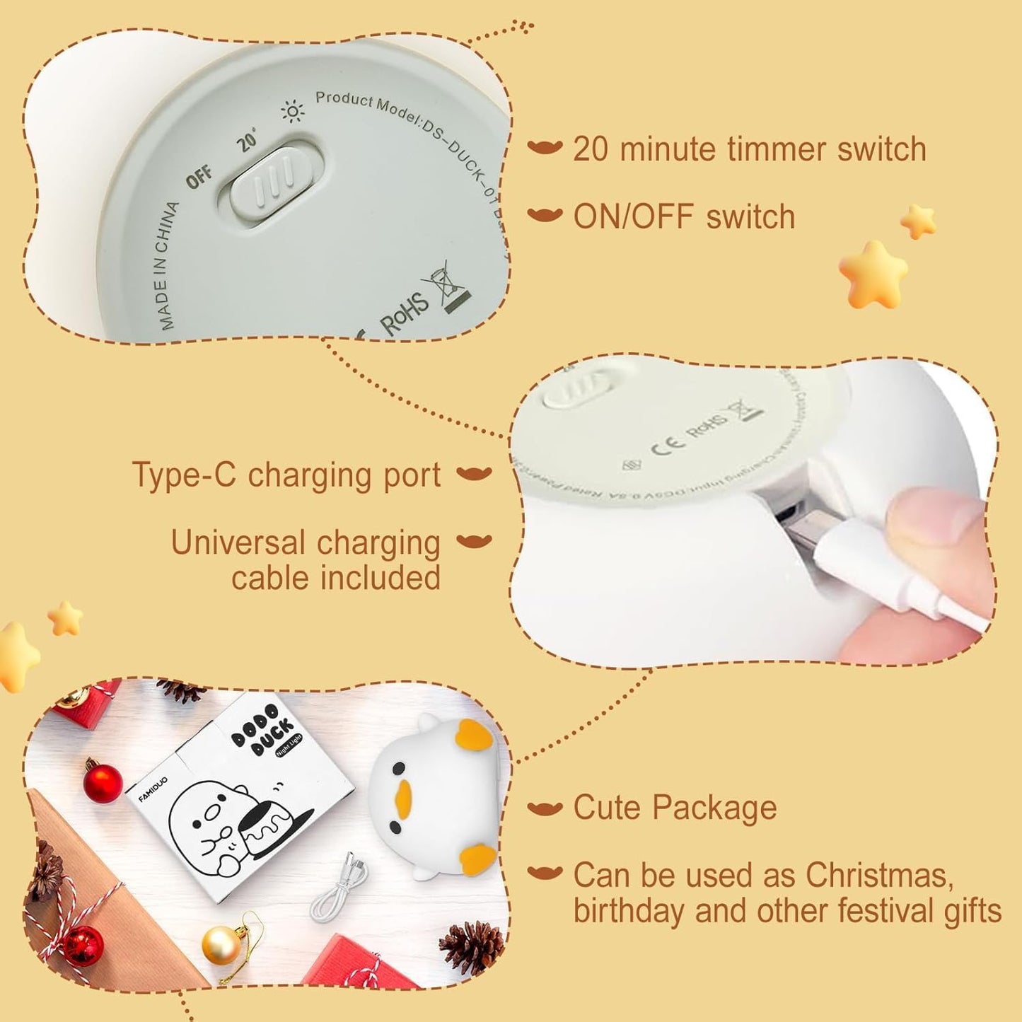 Duck Lamp, Cute Pea Duck Night Light, 2 Levels Dimmable Ducky Night Lamp, LED Squishy Animal Light for Kids Sleep, Rechargeable Bedside Touch Silicone Lamp, Unique Dorm Decor Gift Toy