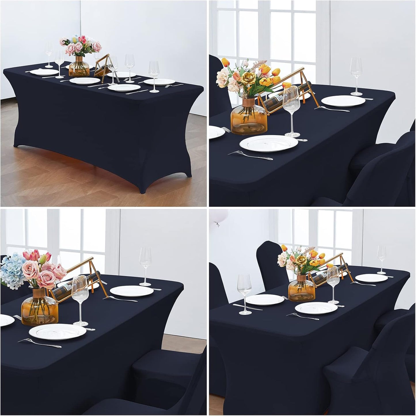 CWK 6FT Waterproof Stretch Spandex Table Cover for Rectangular Tables - Elastic Fitted Tablecloth for Folding Tables,Wrinkle Resistant Table Cloth for Parties, Weddings, Banquets & Events (Navy Blue)