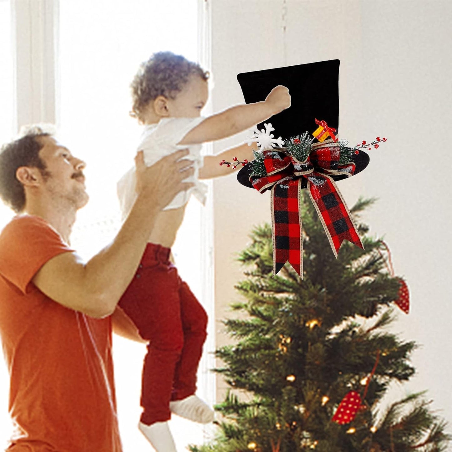 yofit Christmas Tree Topper Hat, Black Velvet Hat with Red Buffalo Plaid Bow Red Berry Snowflake, Christmas Tree Decorations Top Hat, Desktop Ornaments for Home Holiday Winter Decor