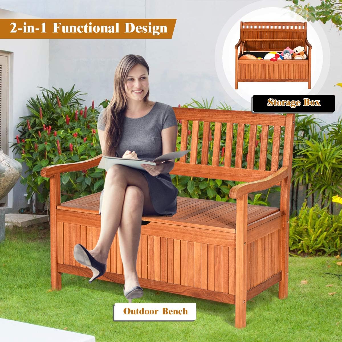 Tangkula Outdoor Wood Storage Bench Deck Box, Entryway Porch Storage Bench with Inner Removable Dust-Proof Lining & Portable Handles, Eucalyptus Wood Loveseat for Garden, Lawn, Balcony & Yard