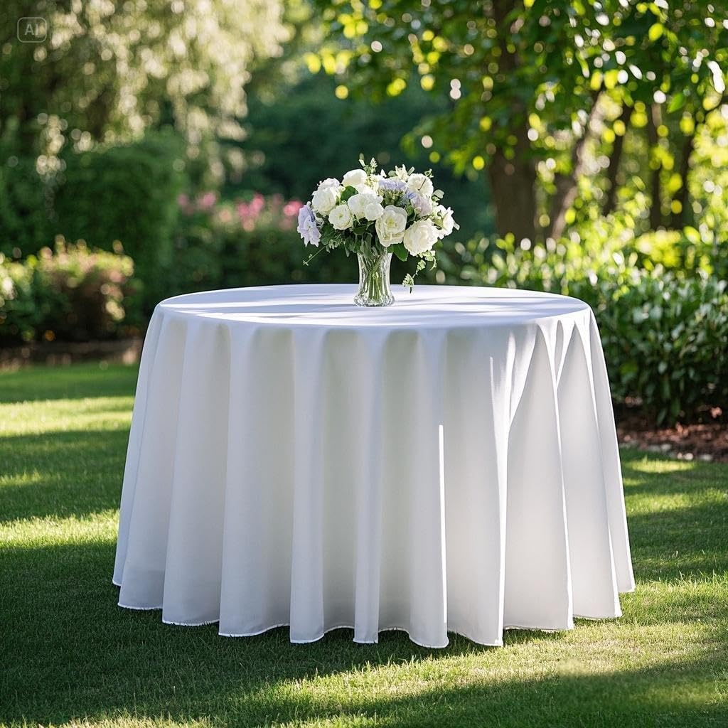 Surmente White Tablecloth for Round Tables, 120-inch Round Table Cloths for Weddings, Banquets, or Restaurants