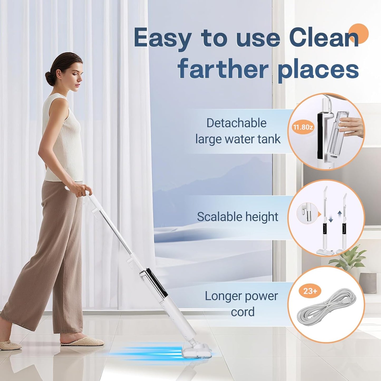 Steam Mop, Detachable Handheld Steam Cleaner for Home,1200W Heat to 260 °F in 20S, 2 Steam Modes & LED Display, 23FT Cord, Steam Mops for Floor Cleaning, Hardwood,Bathroom, Tile, Carpets