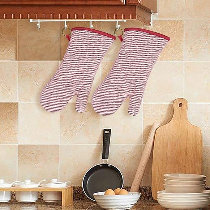 1 Pair Yarn Dyed Oven Mitts 100% Cotton Heat Resistant 470 Degree Gloves Men Women Cooking Baking Barbecue BBQ Microwave Crafting Machine Washable Pot Holders Mittens (red2)