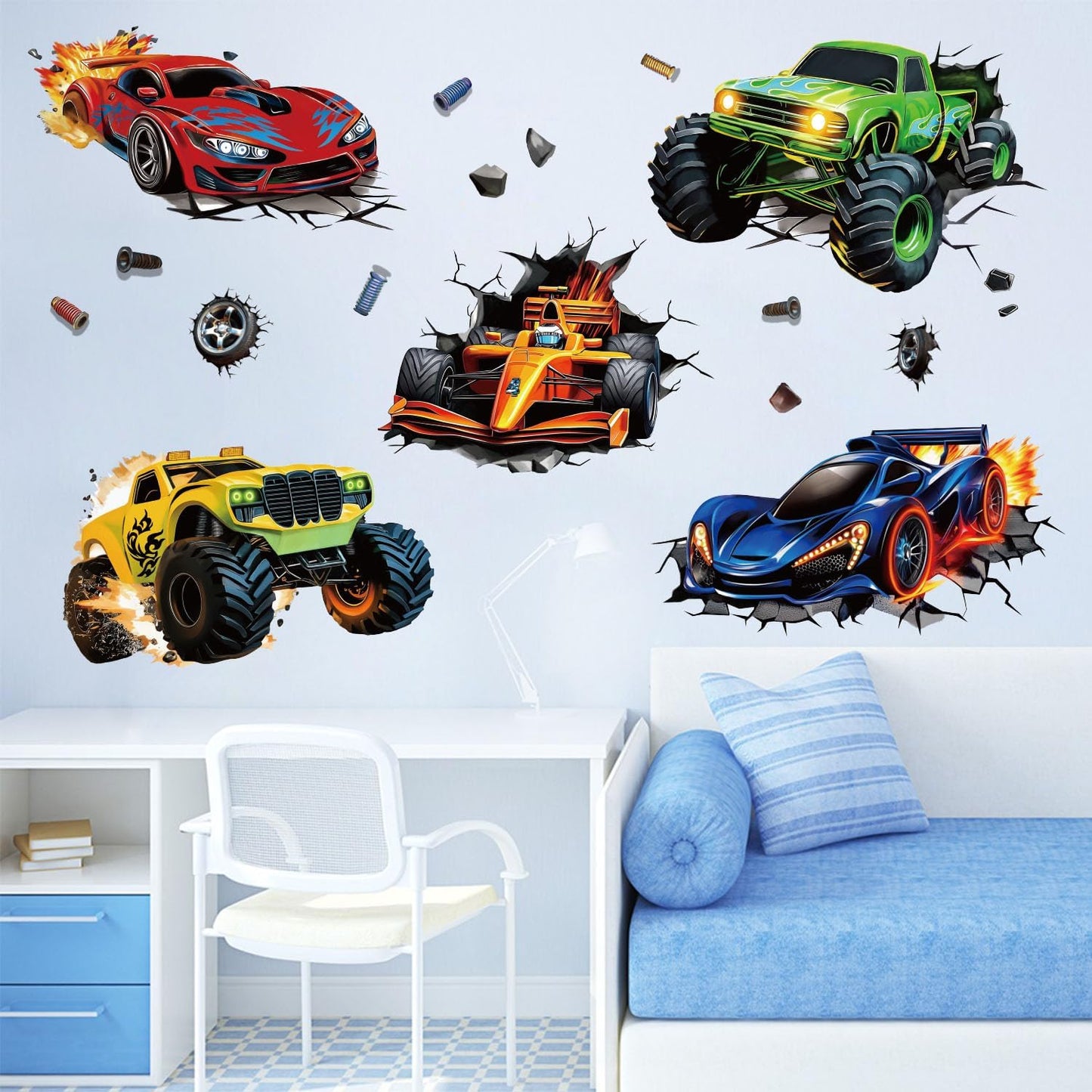 3D Racing Cars Wall Decals - Truck Bursting Through Wall, F1 Racing Cars Wall Stickers for Kids Room Boys Bedroom