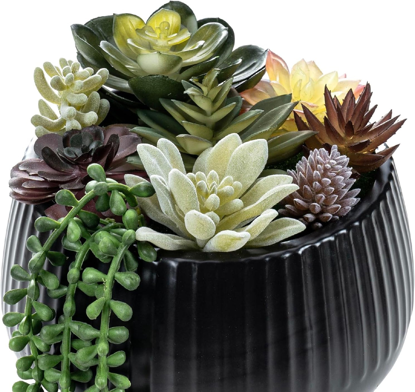 MyGift 8 Inch Modern Green Artificial Succulent Arrangement Potted in Matte Black Fluted Ceramic Round Planter, Decorative Plant Pot with Assorted Faux Mini Succulents