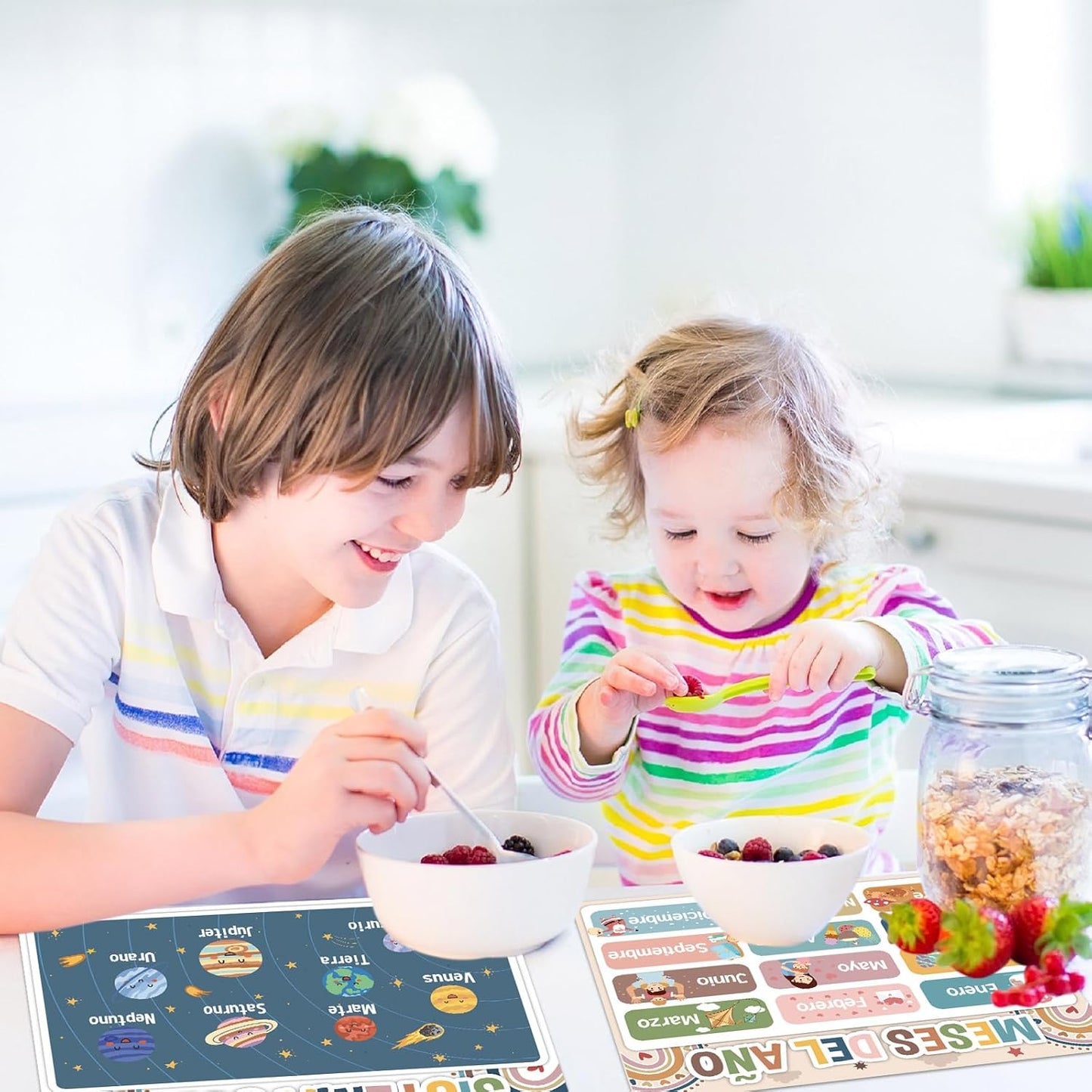 Spanish Educational Preschool Placemats Set of 6 Boho Plastic Table Mats Toddler Children Montessori Place Mats for Kids Washable Vinyl Holiday Table Decoration for Indoor Outdoor Party Kitchen Dining