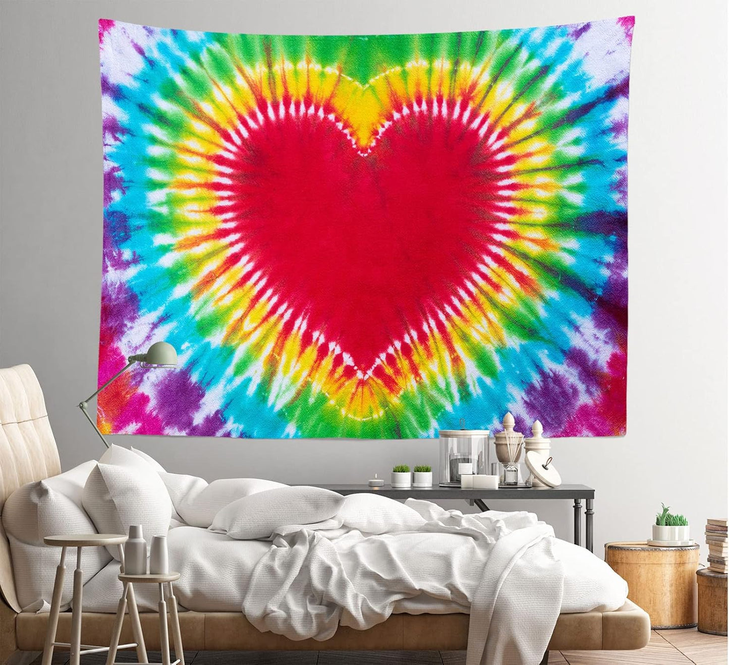 Loccor Colorful Tie Dye Tapestry Rainbow Heart Tie Dye Watercolor Wall Hanging Abstract Hippie Wall Decor LBGT Party Supplies Home Bedroom Living Room Decor W118 x H78 inches