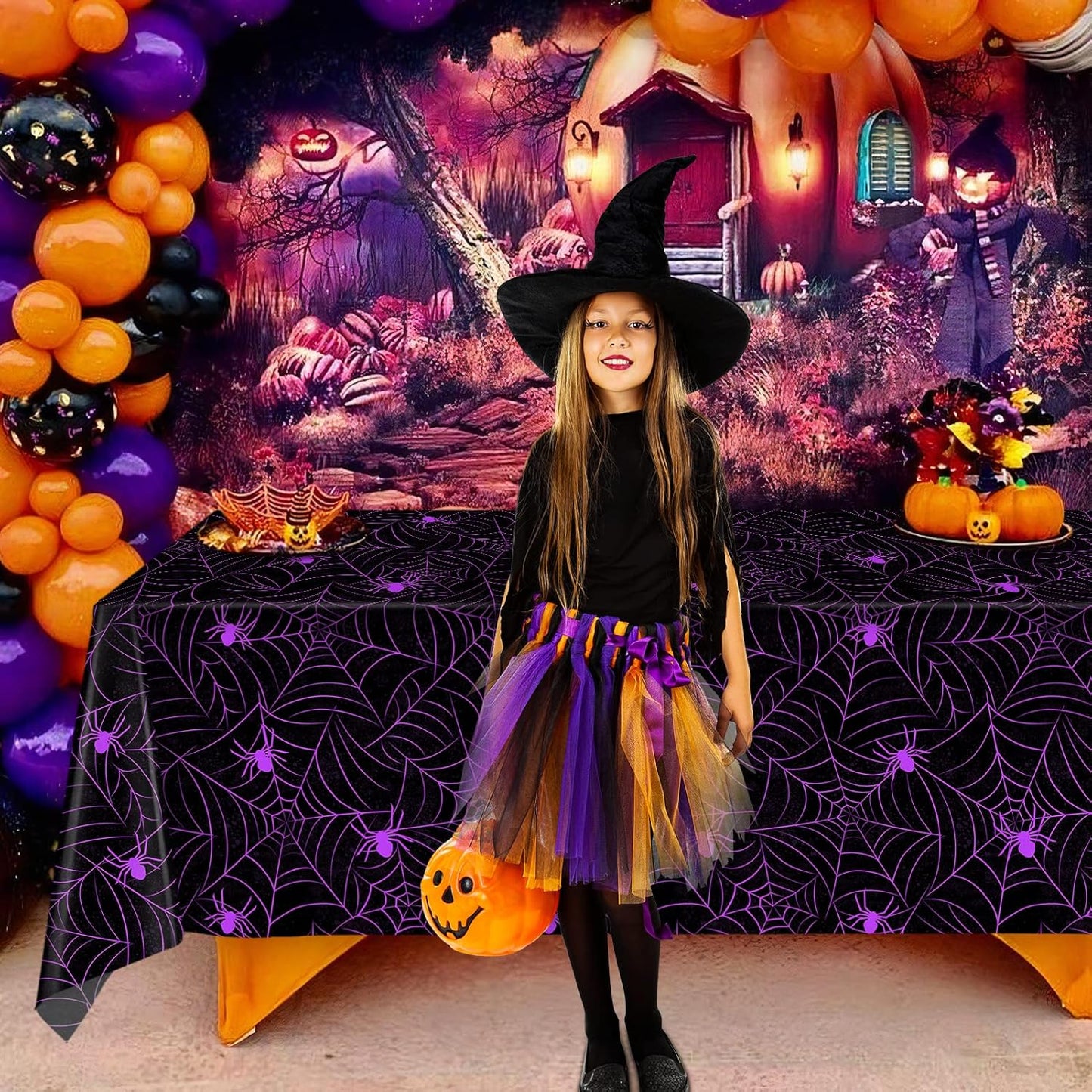 TREWAVE 3 Pack Halloween Spiderweb Tablecloth Rectangular Plastic Spider Web Table Cloth Large Size Table Covers for Home Decor Halloween Party Decorations 54" x 108" (Purple Spider)