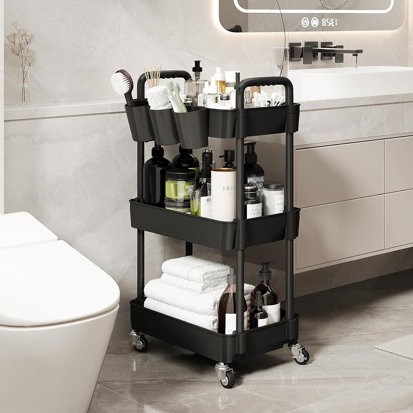 UDEAR 3-Tier Rolling Utility Cart,Multifunctional Storage Shelves with Handle and Lockable Wheels for Room,Office,Kitchen,Bathroom,with 3 Hanging Cups,Black