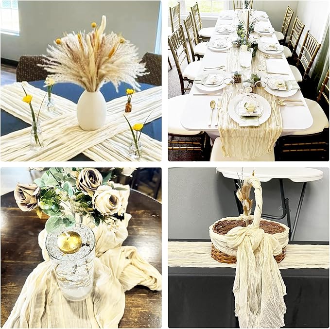 10 Pack Beige Cheesecloth Table Runner 6FT Boho Gauze Fabric Table Runner Vintage Rustic Sheer Runners for Wedding Party Bridal Baby Shower Long Table Decorations
