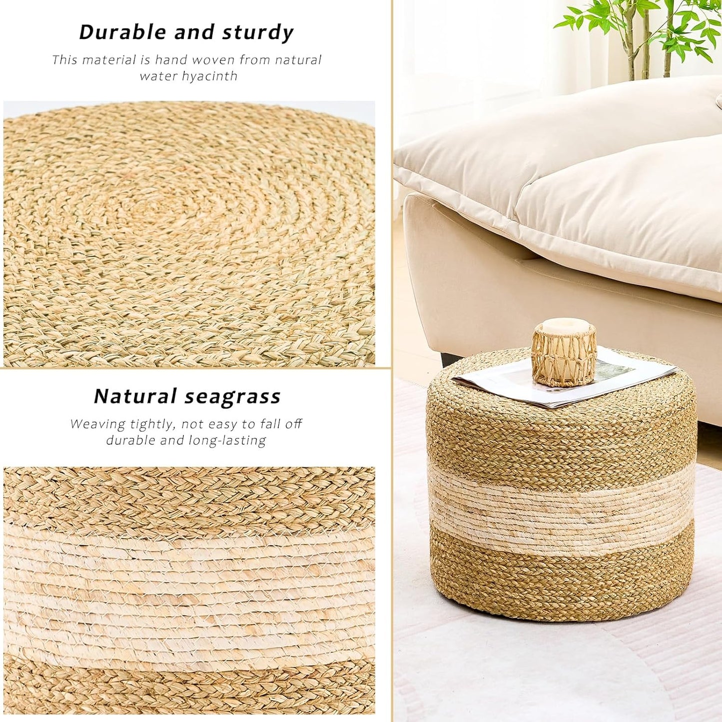 Handwoven Seagrass Ottoman Pouf, Round Outdoor Footstool with Sturdy Frame, No Assembly Needed, Boho Accent Stool for Indoor & Outdoor Use – Patio, Balcony, Living Room (Seagrass White)