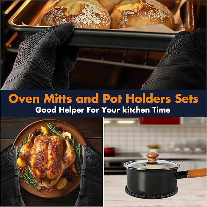 1 Pair Oven Mitts,Silicone Oven Mitts,Long Cooking Gloves,Heat Resistant Oven Gloves Grill BBQ Gloves,Kitchen Home Essentials,12.9"*7.48" Black Mitt