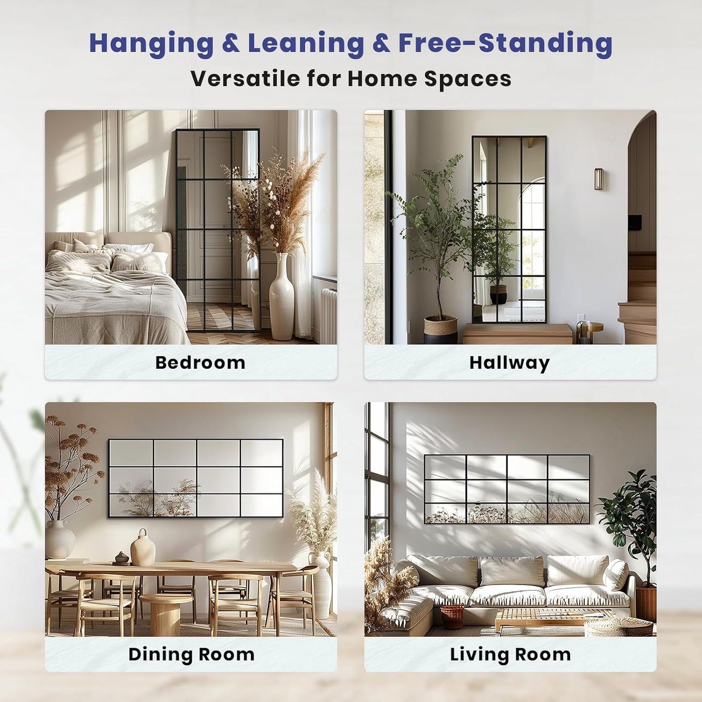 Windowpane Mirror Full Length 65"x24" Art Pane Wall Mirror Farmhouse Decorative Leaning Hanging Wall Mounted for Bedroom Living Room Entrance