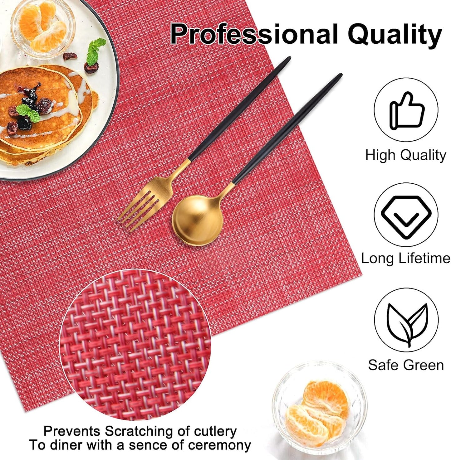 Vinyl Placemats Set of 4, PVC Woven Washable Non-Slip Table Mats, Heat Resistant Wrinkle Free Place Mats for Dining Table, Easy to Clean (4, Red)