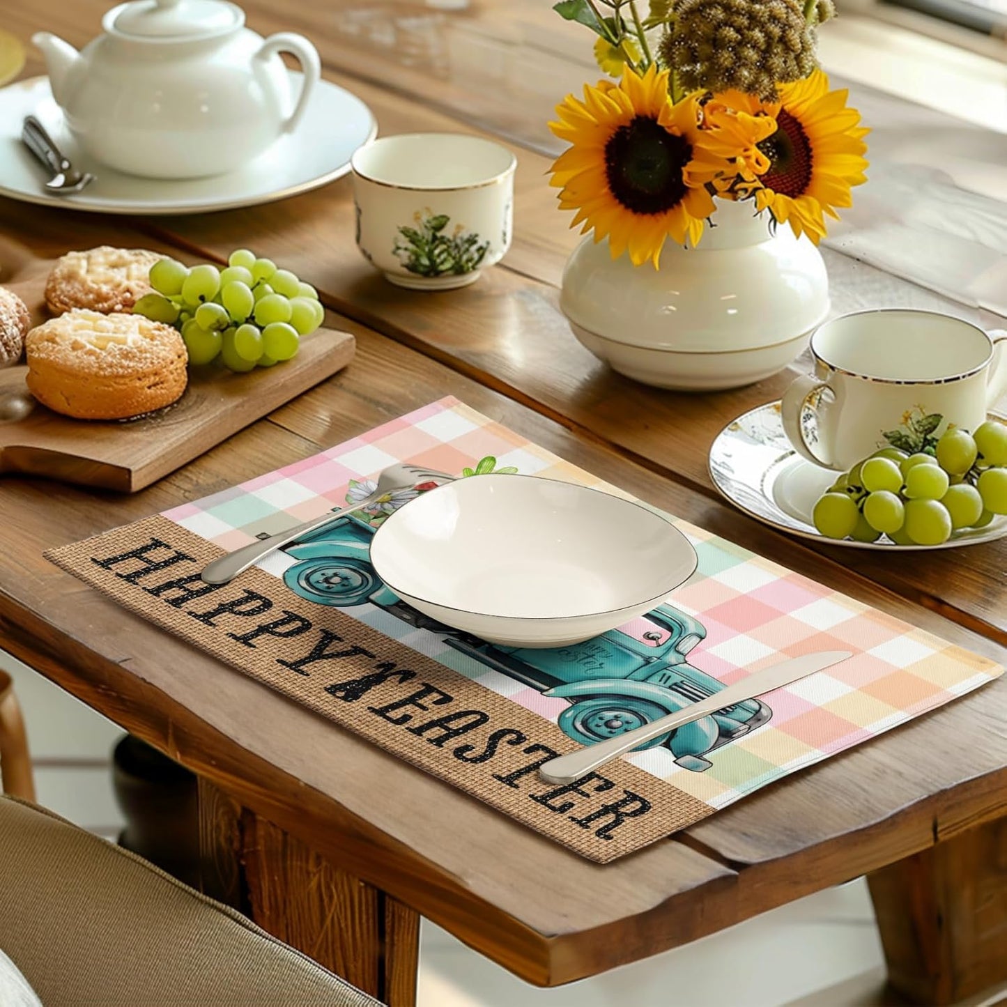 Happy Easter Placemats Set of 4 Pink Yellow Blue Buffalo Plaid Truck Eggs Daisy Easter Table Mats Spring Seasonal Linen Place Mat Washable Place Mats for Party Kitchen Dining Outdoor Indoor Decor