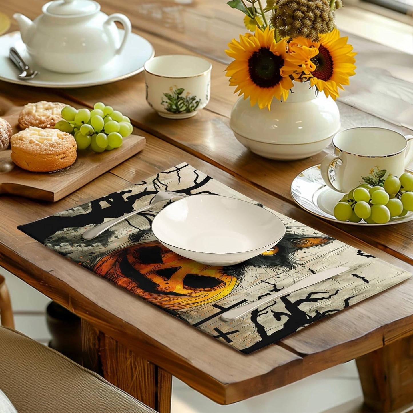 Halloween Black Cat Pumpkin 12x18 Placemats Set of 4 Happy Halloween Bat Branch Linen Table Place Mat Seasonal Fall Washable Heat Resistant Non Slip Table Placemats for Party Kitchen Dining Decor