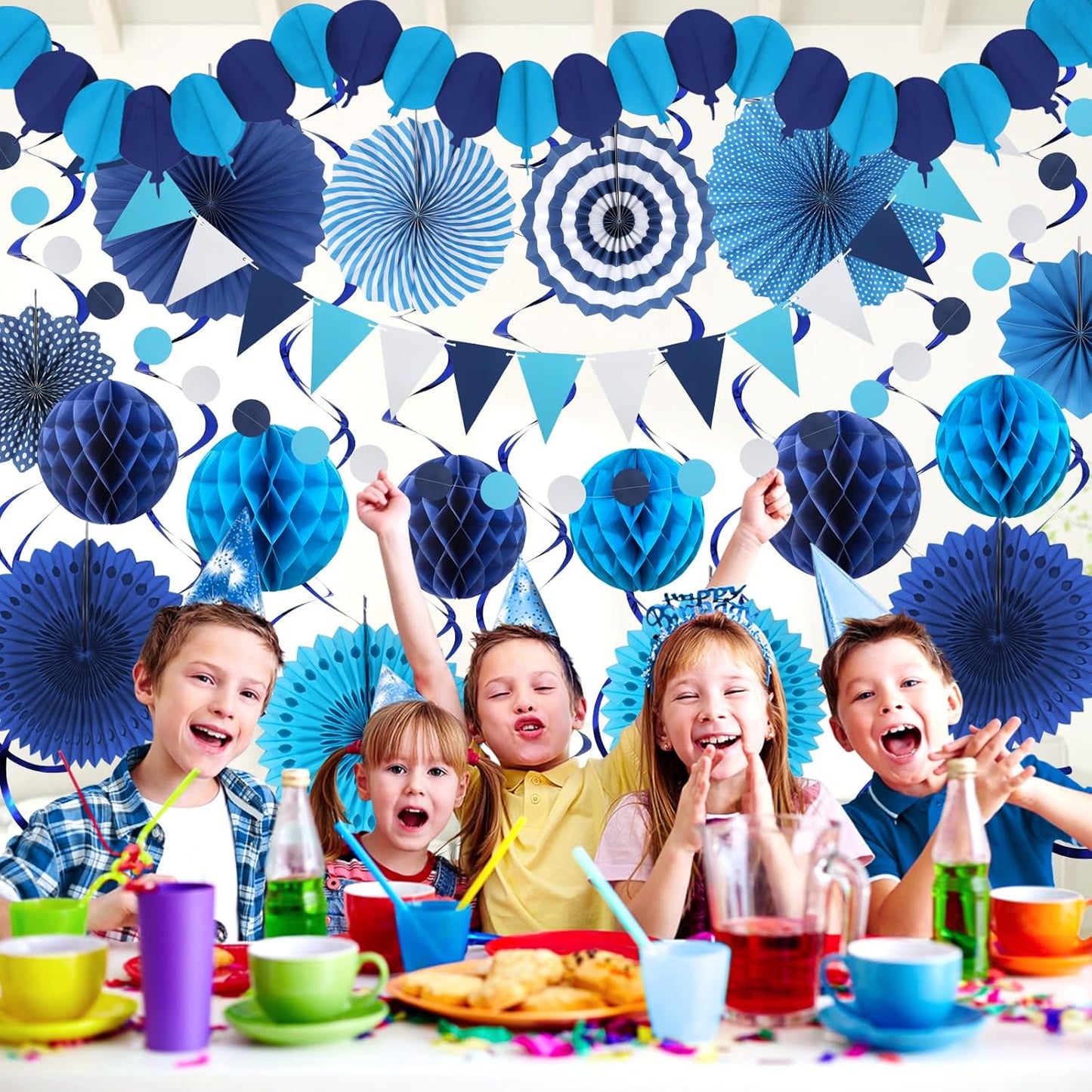 Blue Party Decorations, Easy Assembly Paper Fan Honeycomb Ball Garland Hanging Swirl Navy Blue Party Supplies for Boy Men Graduation Birthday Bridal Shower Baby Shower Party Decorations