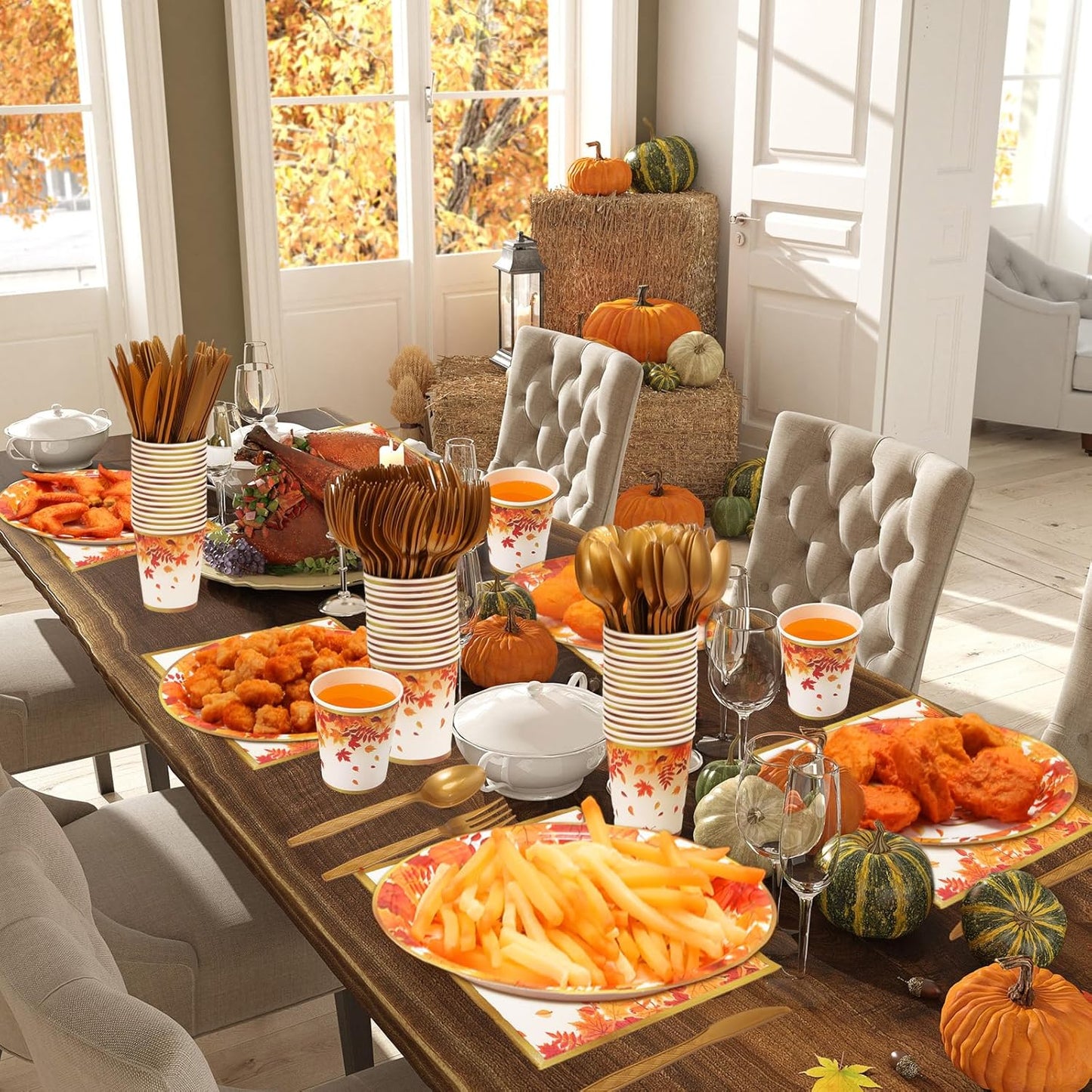 350 Pcs Thanksgiving Fall Party Supplies Maple Leaf Dinnerware Set Disposable Plates Napkins Paper Cups Plastic Cutlery for Autumn Thanksgiving Harvest Party Decor Serves 50(Maple Leaf)