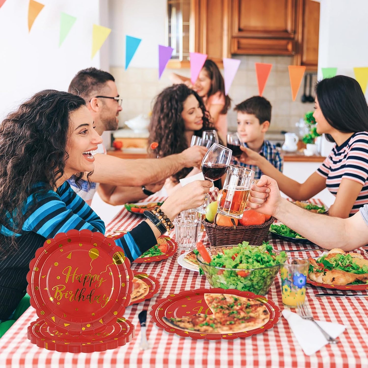 50PCS Happy Birthday Paper Plates - 7 Inch Birthday's Cake Plates Scalloped Dessert Plate Disposable Party Tableware Decorations for Birthday's Party Supplies (Red Birthday, 7 Inch)