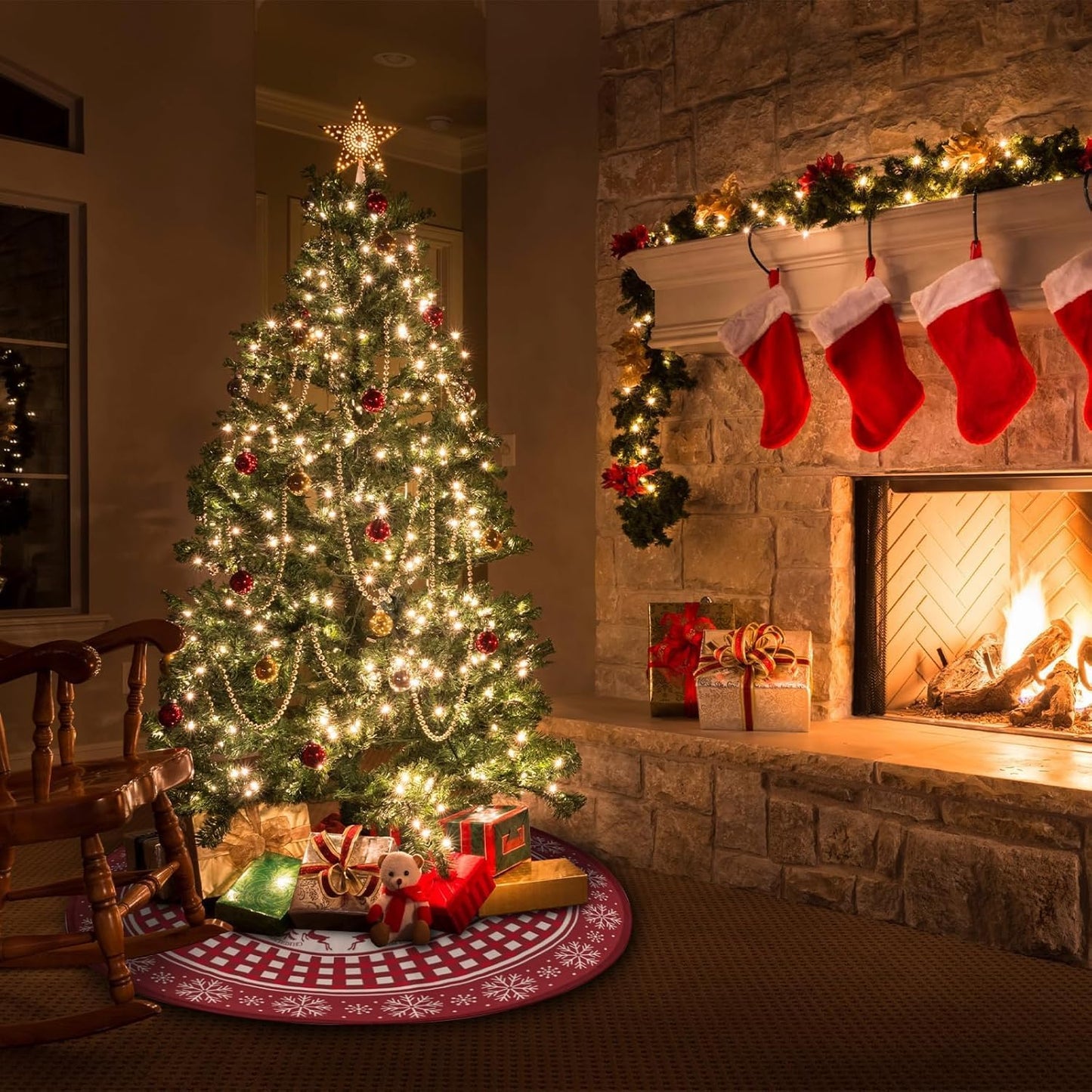Christmas Tree Skirt, Red Tree Skirts 36 Inch with Snowflake Reindeer Rustic Farmhouse Xmas Tree Skirt Christmas Decorations for Holiday Party Decor Indoor Outdoor (red Snowflake Reindeer, 36 Inch)