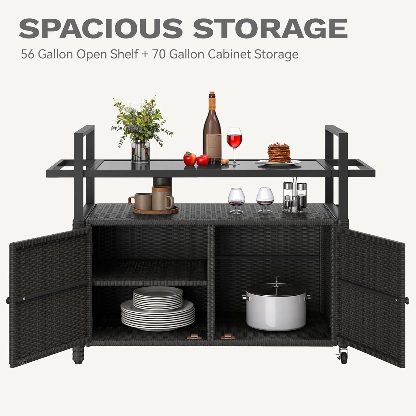 DWVO Patio Bar Table,Outdoor Kitchen Island with Glass Top,Rattan Patio Storage Cabinet with Wheels,Bar Cart for Poolside and Backyard,Black