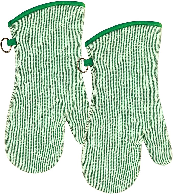 1 Pair Yarn Dyed Oven Mitts 100% Cotton Heat Resistant 470 Degree Gloves Men Women Cooking Baking Barbecue BBQ Microwave Crafting Machine Washable Pot Holders Mittens (Green)