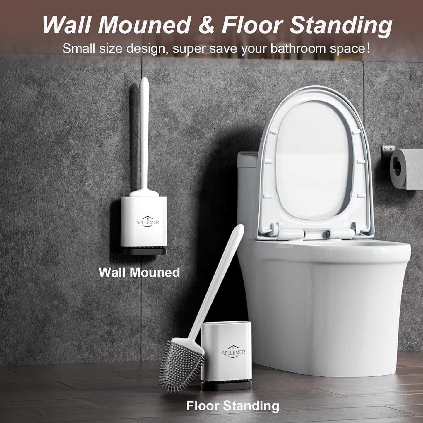 Sellemer Toilet Brush and Holder Set - Flexible Toilet Bowl Brush Head with Silicone Bristles, Compact Size for Storage and Organization, Ventilation Slots Base (1 Pack, White)