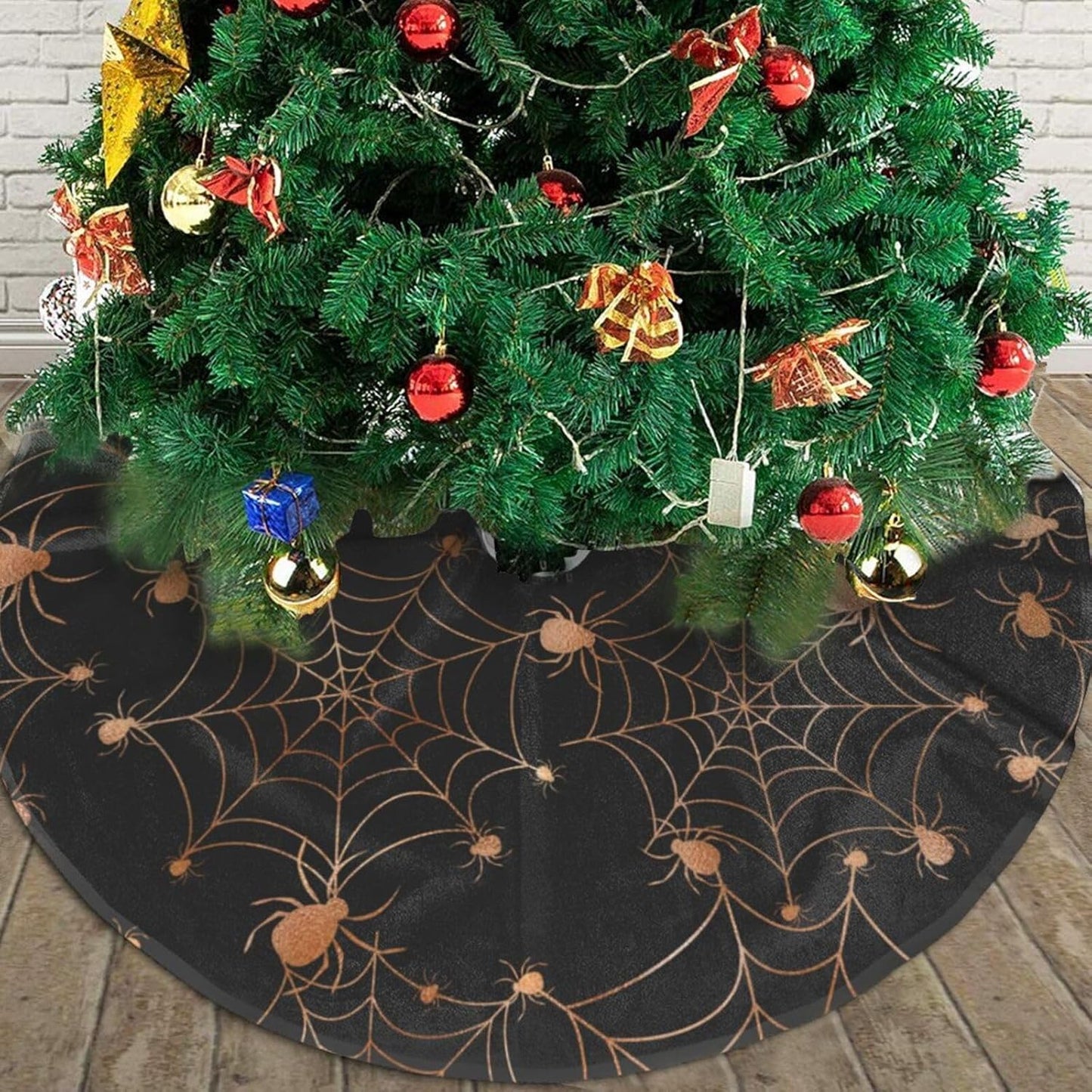 Christmas Tree Skirt,Gold Spider Web Xmas Tree Skirt Rustic Farmhouse Tree Skirt for Christmas Decor Xmas Holiday Home Party Decorations36