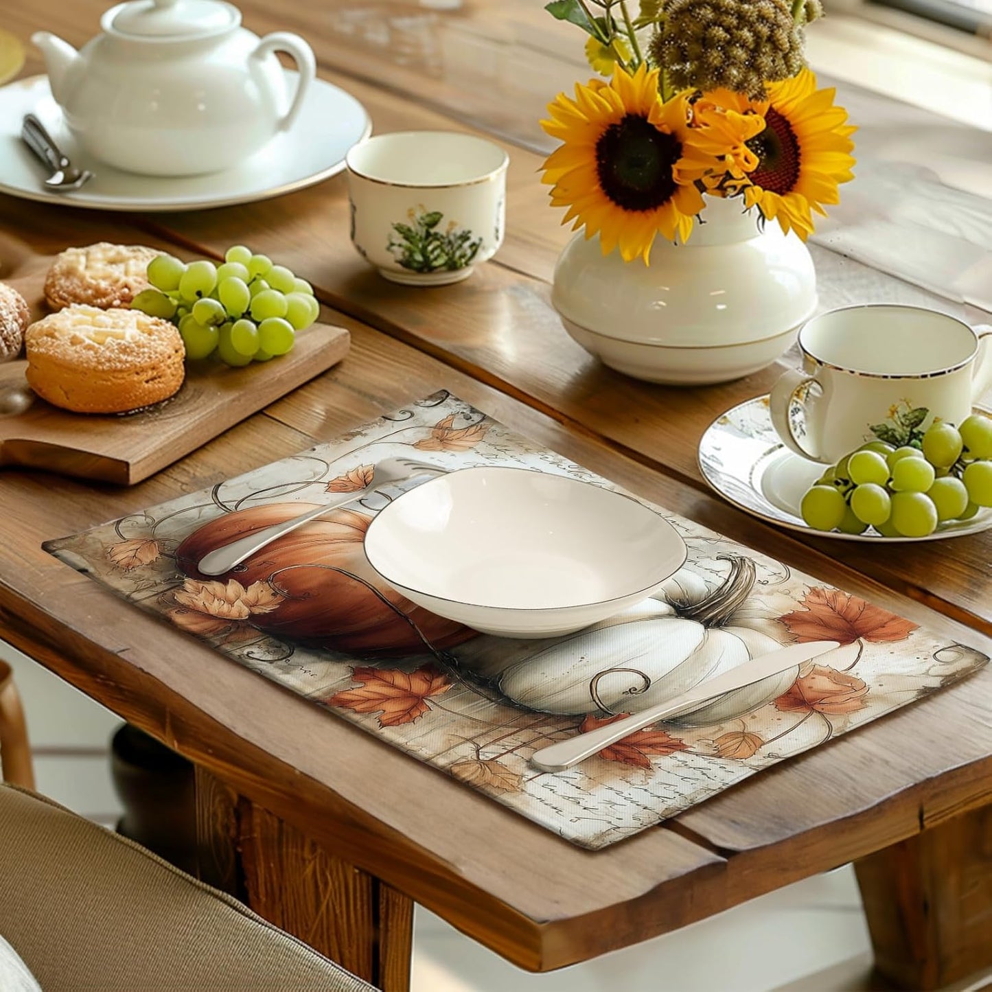Fall Vintage Pumpkin Leaves Placemats Set of 4 Autumn Thanksgiving Harvest Linen Dinner Place Mats 12x18 Burnt Orange and White Rustic Farmhouse Decorative Kitchen Table Mats