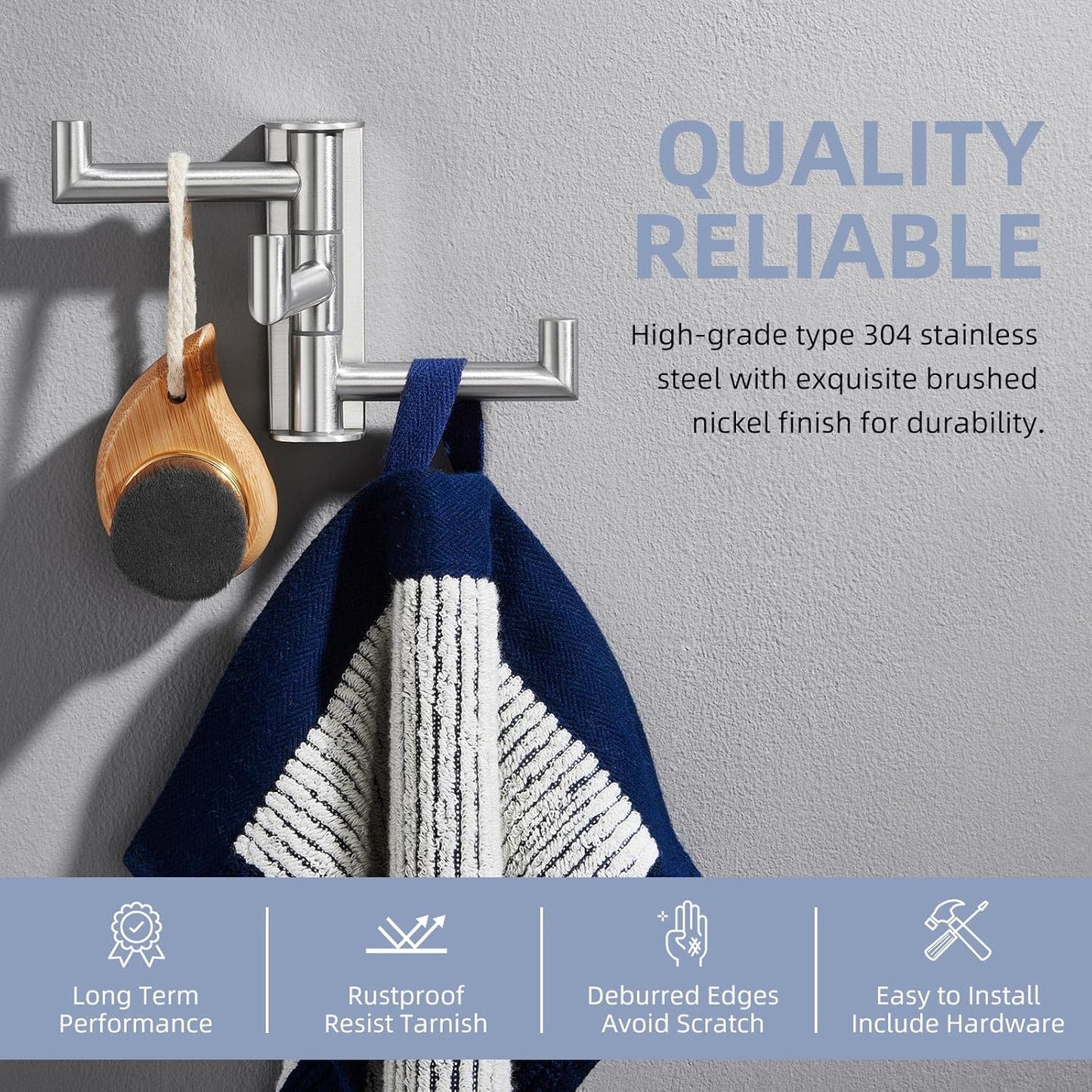 Angle Simple Swivel Towel Hook 3 Arms, SUS 304 Stainless Steel Foldable Robe Towel Hook for Bathroom, Wall Coat Holder, Brushed Nickel