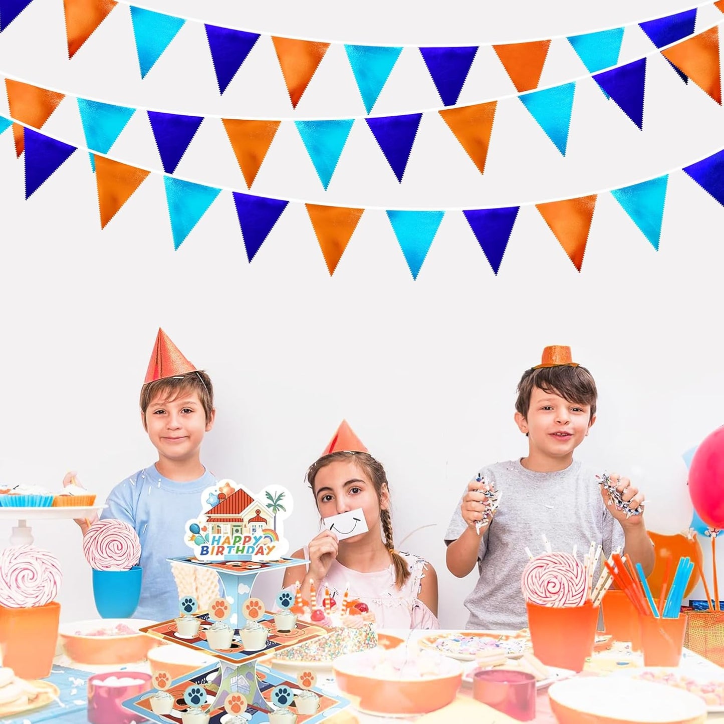 Orange Blue Party Decorations Metallic Fabric Triangle Pennant Flag Bunting Banner Garland for Birthday Baby Shower Graduation Bridal Shower Wedding Bachelorette Engagement Space Theme Party Supplies