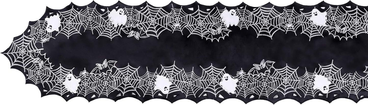 Chlophy Halloween Table Runner Black Spider Web Table Runner Gothic Embroidered for Kitchen Dining Halloween Décor Home Party Table Decoration 54in