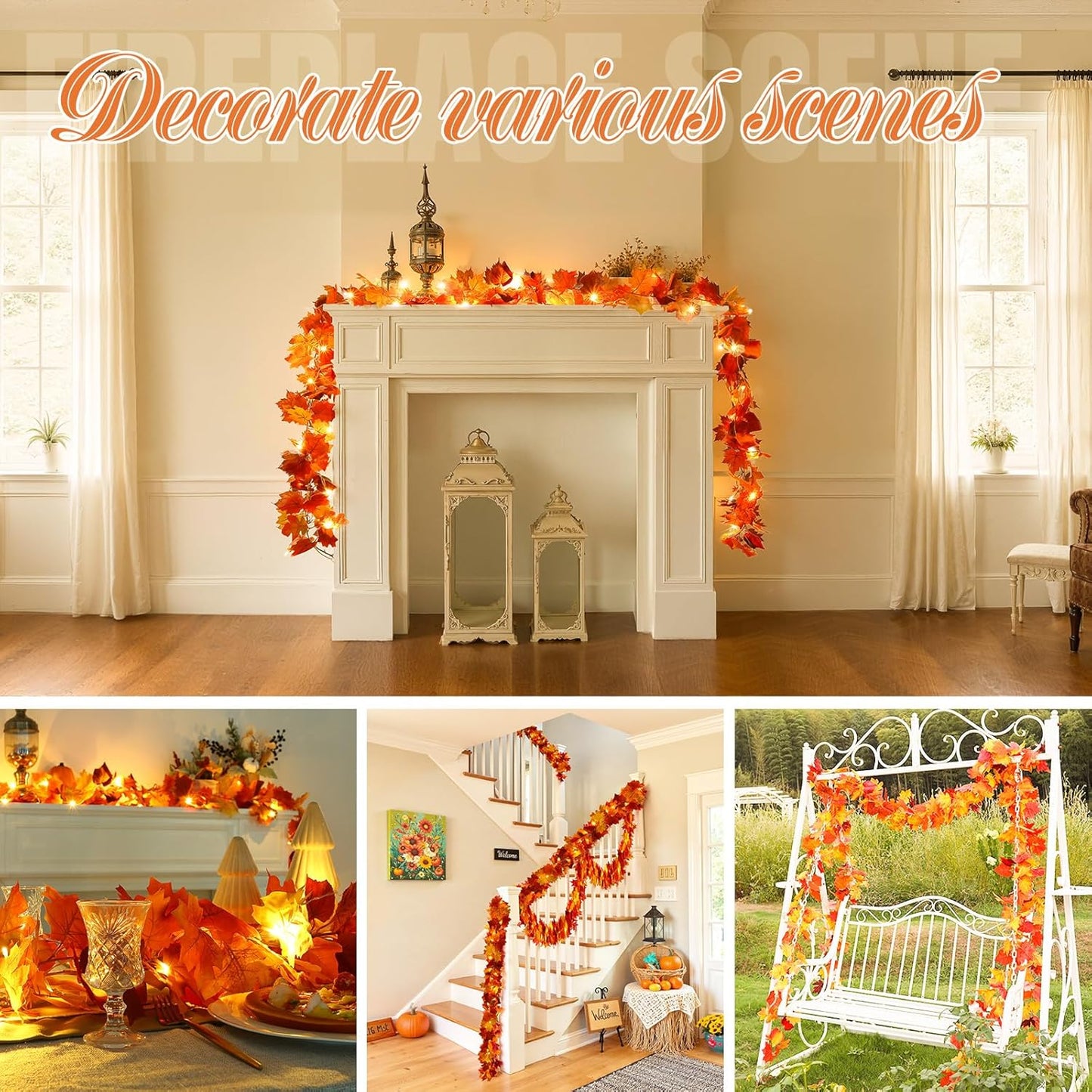 Joyhalo 4 Pack Fall Garland with Lights, Fall Leaves for Mantle, Outdoor Lighted Up Leaf Garland Autumn Decor with 6.5FT LED String Lights, Hanging Maple Leaves for Door, Thanksgiving Decor