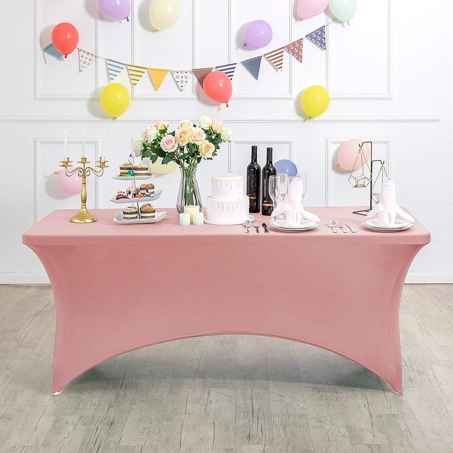 2Pack Spandex Table Cover for 8FT or 4ft or 6ft Table Universal Fitted Stretch Tablecloth for Party, Banquet, Wedding and Events-Dusty Pink