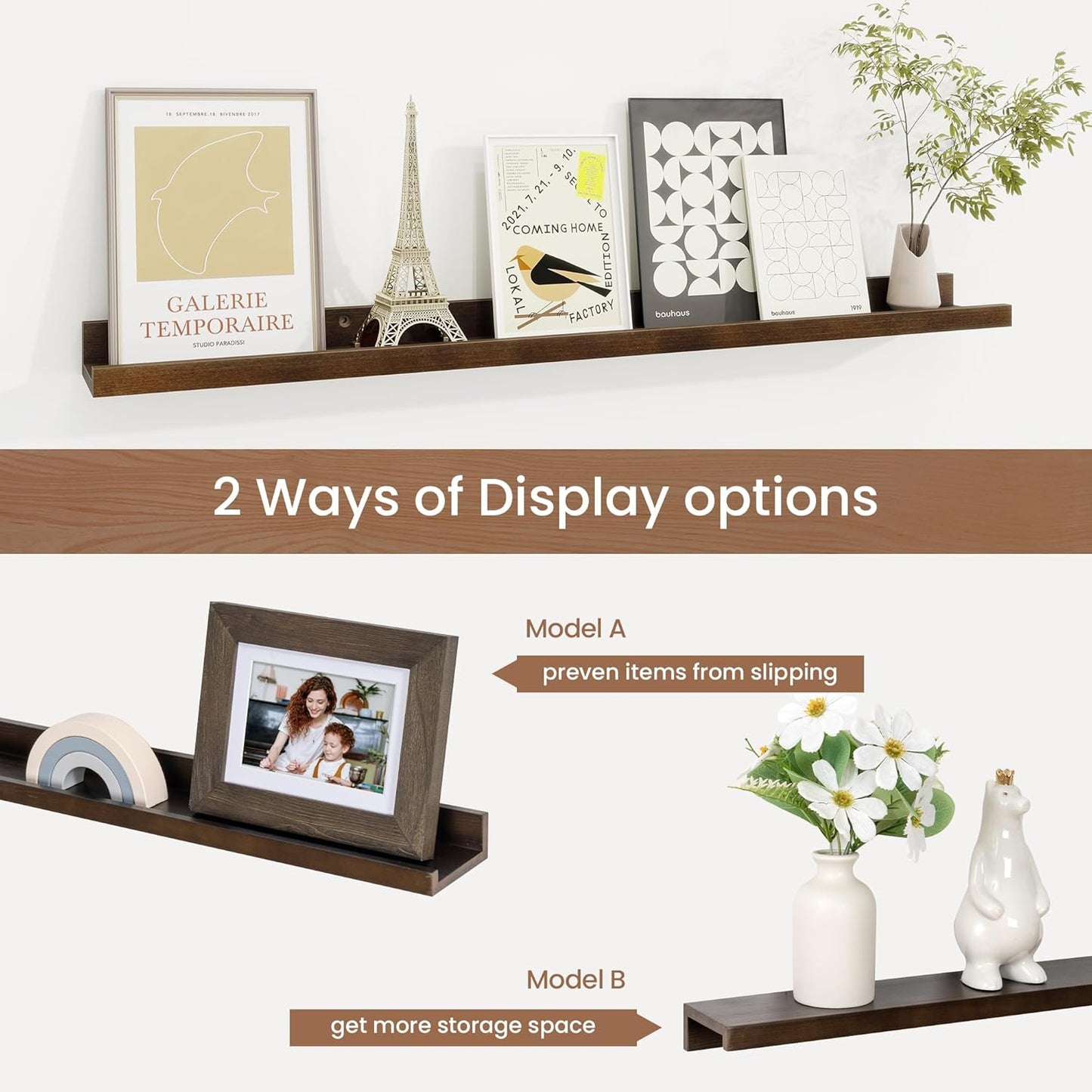 Picture Ledge Shelf, Solid Pine Wood Floating Shelves Set of 2, 32 Inches Nursery Book Shelves for Toys Storage, Kids Bookshelf Wall Mounted for Living Room Bedroom Decor Books Photo Frames, Walnut