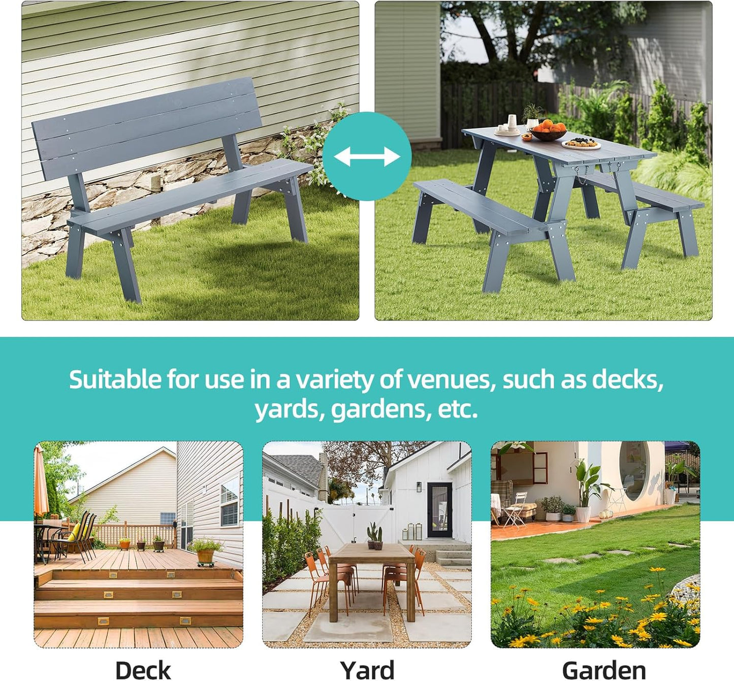 AVAWING Outdoor Convertible Wood Bench with Backrest, Patio Wood Convert a Bench, Space-Saving 2-in-1 Picnic Table Chairs Set for Backyard, Porch, Patio, Garden, Grey