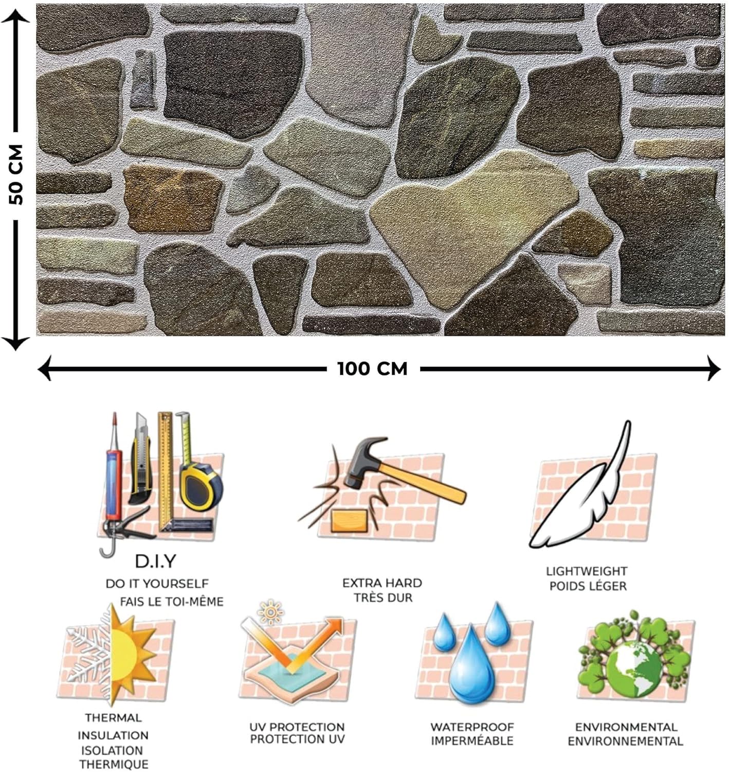 Dundee Deco 3D Wall Panels - Cladding, Charcoal Green Beige Stone Look Wall Paneling, Styrofoam Facing for Interior and Exterior Applications, DIY, Set of 10, Covers 54 sq ft