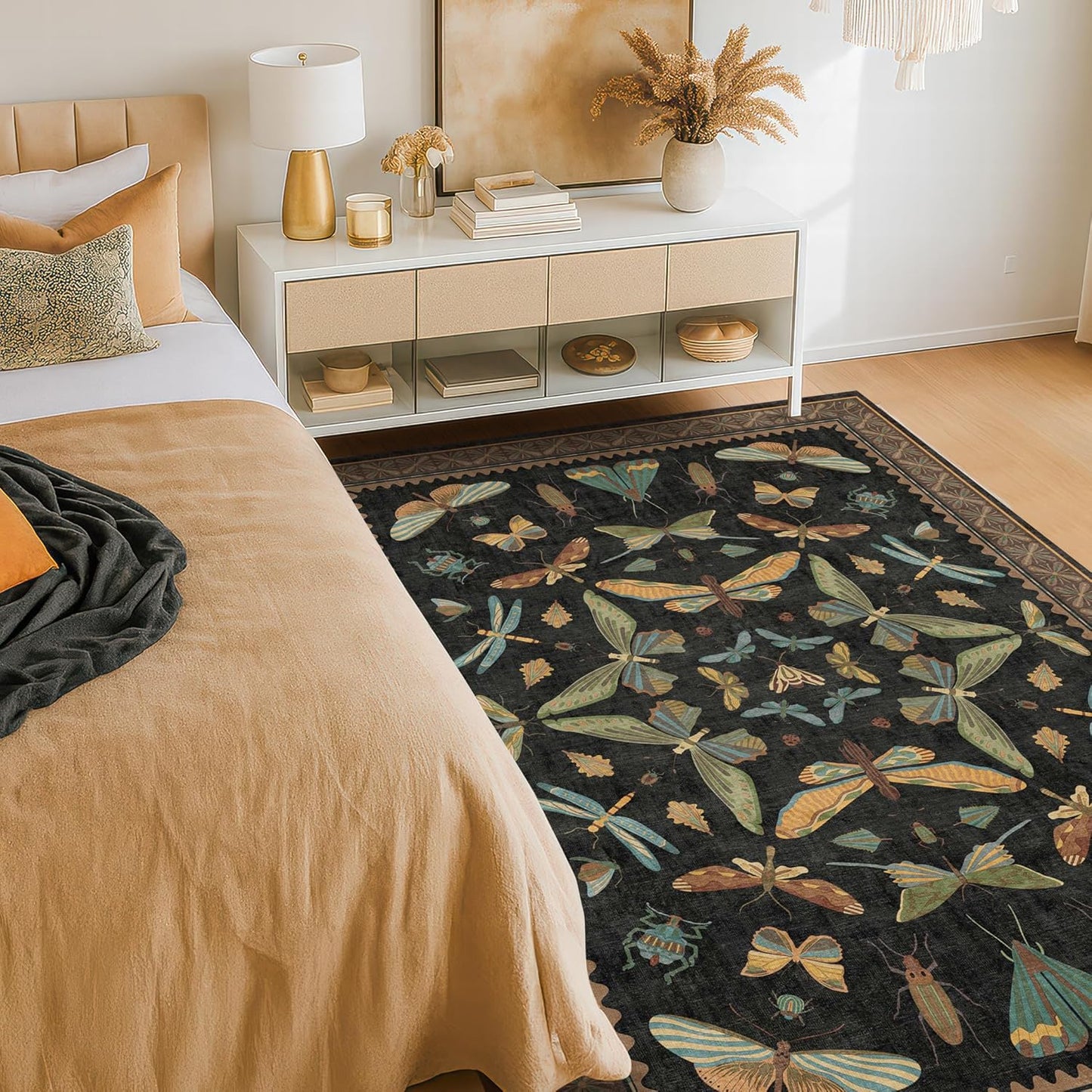 Insect Print Washable 4x6 Entryway Rug - Non-Slip Low Pile Area Rug for Large Kitchen, Bedroom, Office - Ultra Soft Aesthetic Decor, Black & Brown