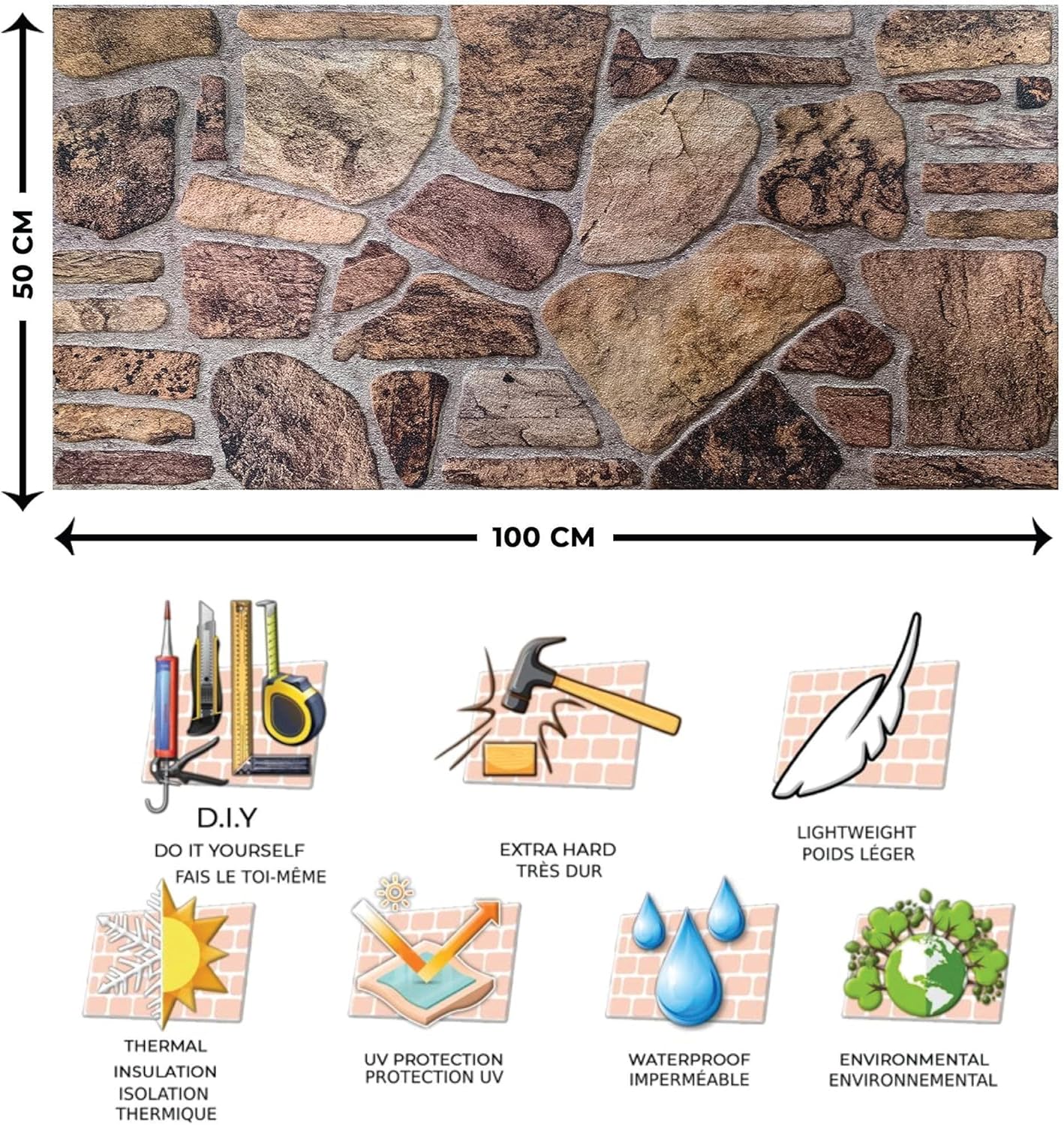 Dundee Deco 3D Wall Panels - Cladding, Shades of Brown Grey Stone Look Wall Paneling, Styrofoam Facing for Interior and Exterior Applications, DIY, Set of 10, Covers 54 sq ft