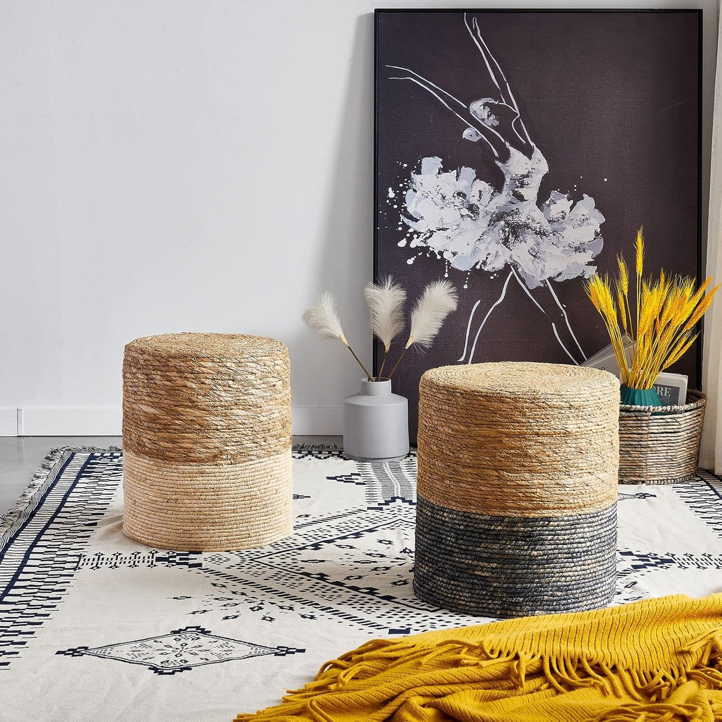 Cplxroc Pouf Ottoman, 100% Handwoven Seagrass Braided Pouffe, Boho Decor Floor Chair for Couch or Desk, Outdoor Ottomans for Garden, Round Footrest with Wood Frame, Home Decorative Seat for Balcony