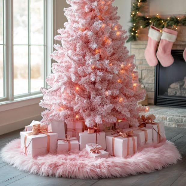 AOGU 48 Inch Faux Fur Christmas Tree Skirt Pink Plush Skirt for Merry Christmas Party Christmas Tree Decoration