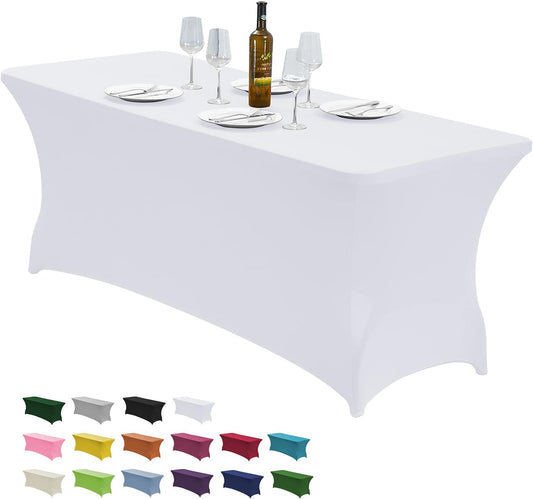 CWK 8FT Waterproof Stretch Spandex Table Cover for Rectangular Tables - Elastic Fitted Tablecloth for Folding Tables,Wrinkle Resistant Table Cloth for Parties, Weddings, Banquets & Events (White)
