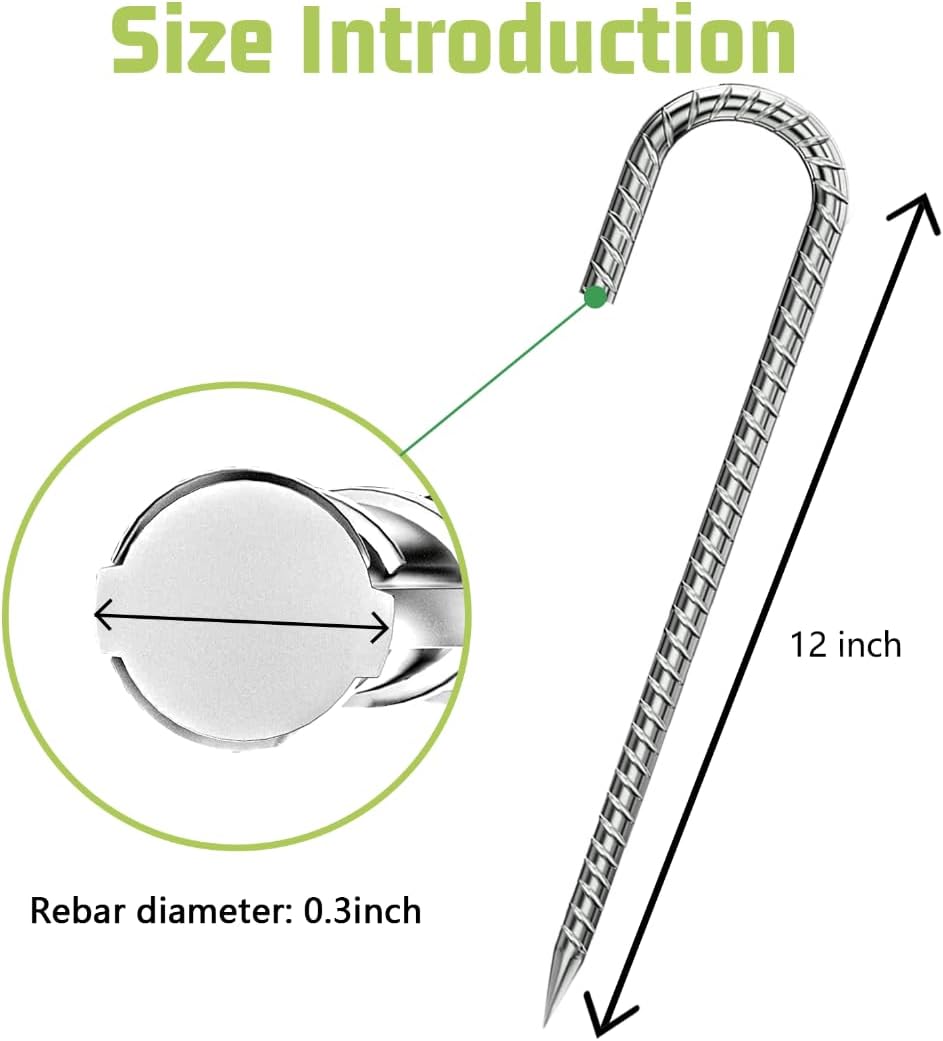 Rebar-Stakes-12-Inch, Ground Stakes Heavy Duty J-Hook Galvanized Anti-Rust Heavy Duty Ground Anchors for Garden Dog Fence Chicken Coop Christmas Decorations Deer Fence 4pcs