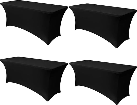 Obstal 6ft Stretch Spandex Table Cover - 4 Pack Universal Rectangular Fitted Tablecloth Protector for Wedding, Banquet and Party, Black