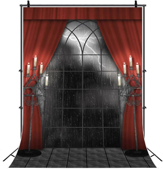Renaiss 6x8ft Vintage Gothic Window Backdrop Red Curtain Candlestick Black Floor Lightning Stormy Sky Vampire Medieval Castle Photography Background Halloween Dress Up Party Decors Photo Booth Props
