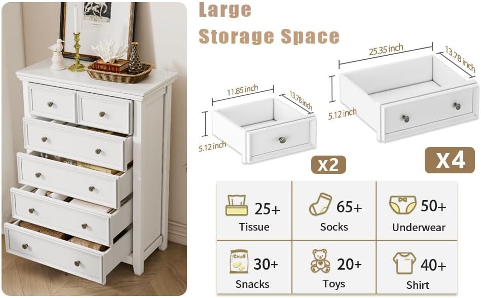BLANKSPACE White Farmhouse Dresser, 6 Chest Drawer Dresser for Bedroom, Large Capacity Nightstand, Modern Tall Wood Cabinet for Bedroom, Living Room, Closets, Hallway