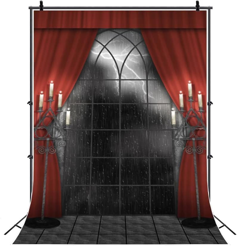 Renaiss 8x12ft Vintage Gothic Window Backdrop Red Curtain Candlestick Black Floor Lightning Stormy Sky Vampire Medieval Castle Photography Background Halloween Dress Up Party Decors Photo Booth Props
