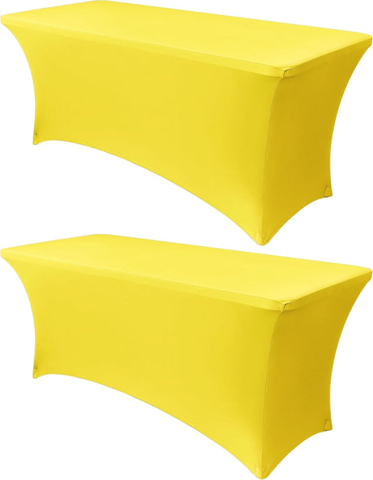 Obstal 8Ft Stretch Spandex Table Cover for Standard Folding Tables - 2 Pack Universal Rectangular Fitted Tablecloth for Party, Banquet, Events, Trade Show (Yellow, 96L x 30W x 30H Inches)