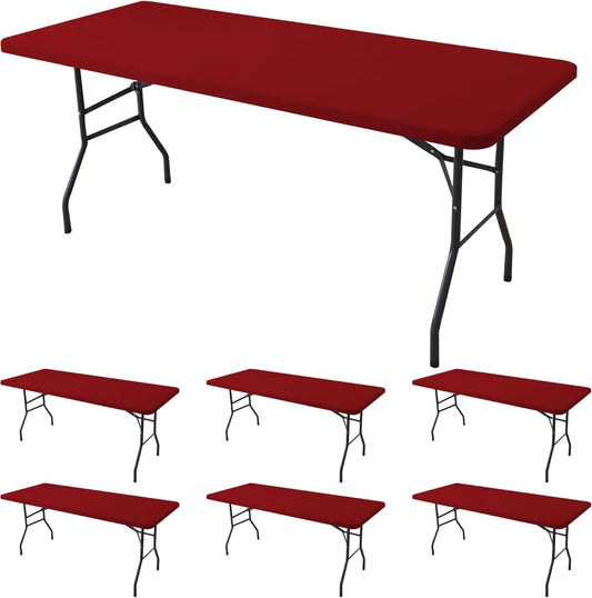 Fitted Tablecloth for 8 Foot Rectangle Tables-6 Pack Red Elastic Outdoor Picnic Table Cover-Spandex Stretch Folding Table Cloths 8ft for Camping Dining Room Patio Kitchen Banquet Party