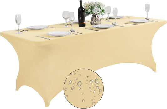 SuperO Waterproof Spandex Table Cover for 8FT Table Universal Fitted Stretch Tablecloth for Party, Banquet, Wedding and Events-Champagne